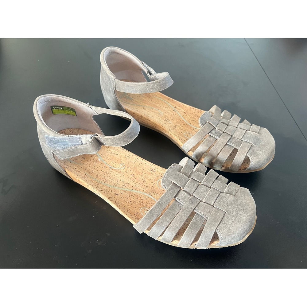 Ahnu Malini Grey Leather Huarache Sandals Ankle Strap Flats Womens 11 1009788MST